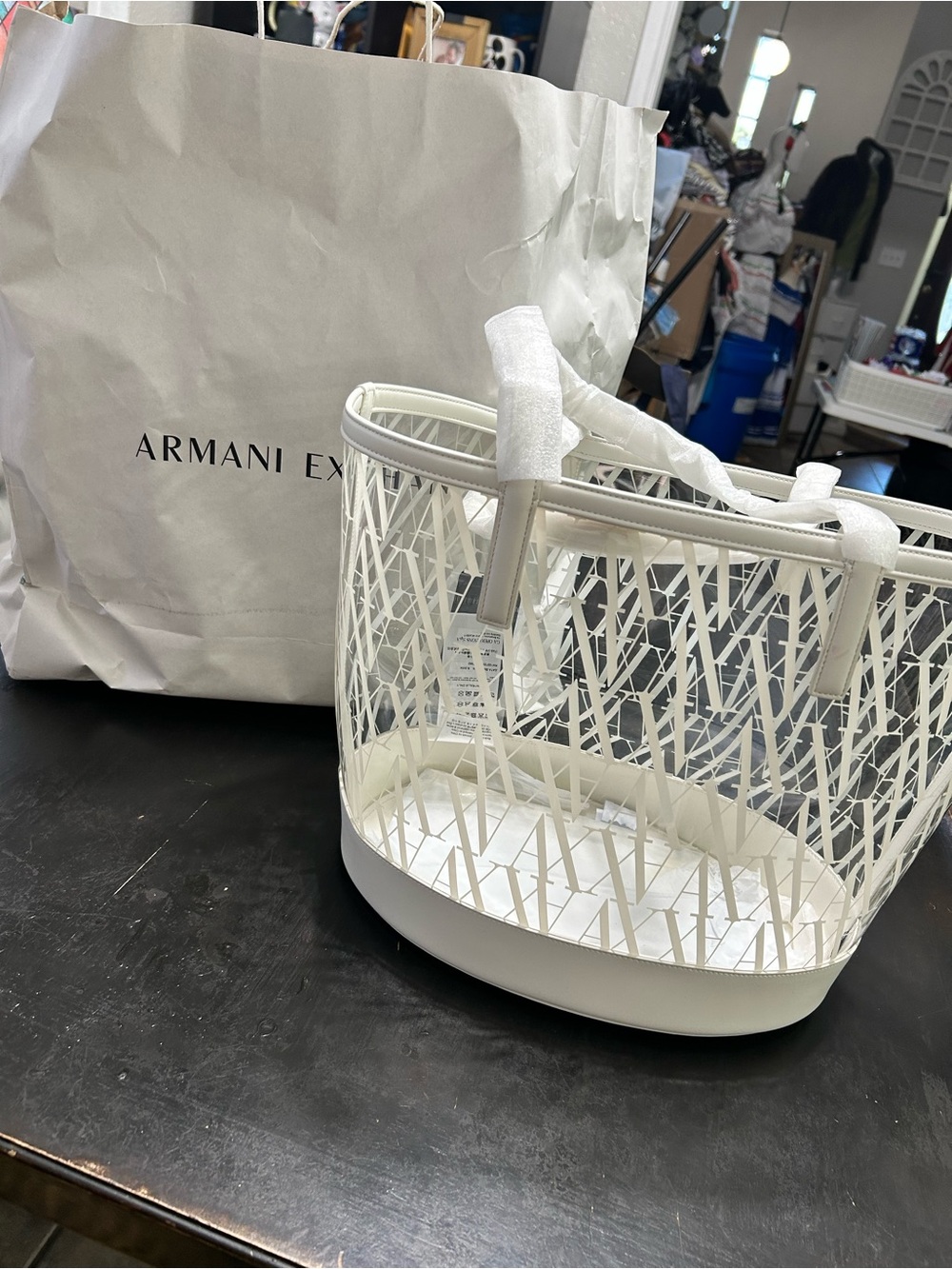 Armani Exchange White Lattice Decorative Tote Basket